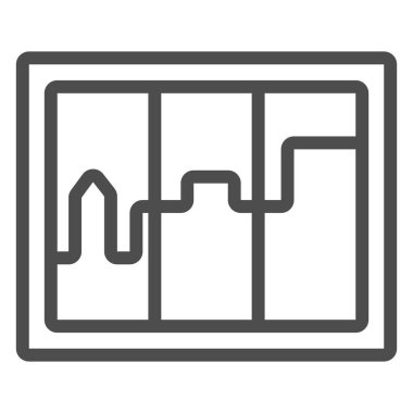 Şehir manzarası pencere çizgisi simgesi, iç tasarım konsepti, beyaz arka planda kaplama işareti, taşınabilir konsept için ana hatlara bakan ev simgesi. Vektör grafikleri.