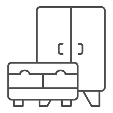 Gardırop ve dolap ince çizgi ikonu, iç tasarım konsepti, beyaz arka planda mobilya tabelası, dolap ve yatağın yanındaki masa ikonu mobil konsept için taslak tarzında. Vektör grafikleri.