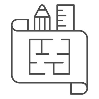 Kağıt üzerinde cetvel ve kalem ince çizgi ikonu olan ev planı, iç tasarım konsepti, beyaz arka planda mimari ev planı tabelası, ana hatlı tasarım ikonu. Vektör grafikleri.