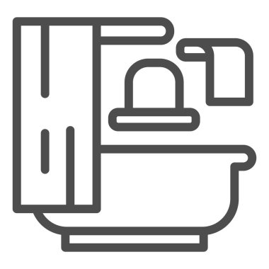 Banyo, ayna ve havlu hattı ikonu, iç tasarım konsepti, beyaz arka planda banyo tabelası, perde ve ayna ikonu olan banyo mobil konsept için taslak tarzı. Vektör grafikleri.