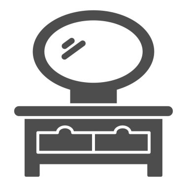 Giyinme masası katı ikonu, iç tasarım konsepti, beyaz zemin üzerinde ayna işareti olan komodin tablosu, mobil konsept için kaldırım taşı simgesinde ayna. Vektör grafikleri.