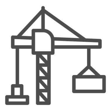 Konteynır çizgisi simgesine sahip bir vinç, kaldırma makineleri konsepti, beyaz arka planda liman kaldırıcı tabelası, mobil konsept için çizgili vinç simgesini kaldırma. Vektör grafikleri.