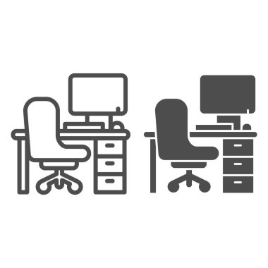 Ofis sandalyesi ve masa başı bilgisayar hattı ve sağlam ikon, iç tasarım konsepti, masa, sandalye ve bilgisayar tabelası beyaz arka planda, ofis mobilyası ikonu ana hatlarıyla. Vektör grafikleri.