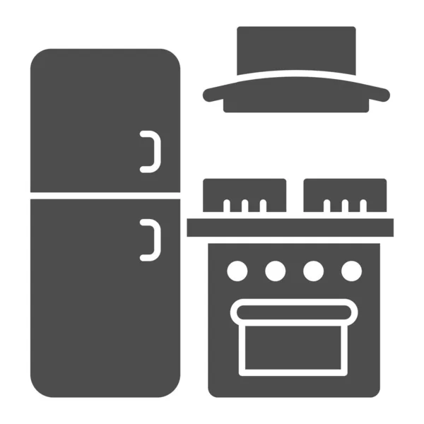 Kulkas dan kompor dengan ikon padat kap, konsep desain interior, tanda mebel dapur di latar belakang putih, kulkas dan oven dengan ikon kap dalam gaya glif. Grafis vektor. - Stok Vektor