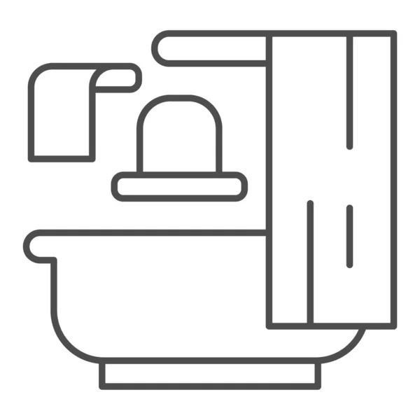 Bad, spiegel en handdoek dunne lijn pictogram, interieur concept, badkamer teken op witte achtergrond, badkamer met gordijn en spiegel pictogram in omtrek stijl voor mobiele concept. vectorgrafieken. — Stockvector