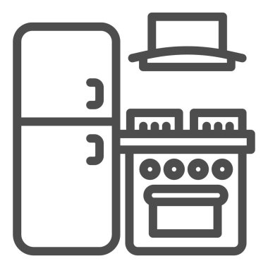 Buzdolabı ve soba, kaput çizgisi ikonu, iç tasarım konsepti, beyaz arka planda mutfak mobilyası tabelası, kaput simgesi olan buzdolabı ve fırın. Vektör grafikleri.