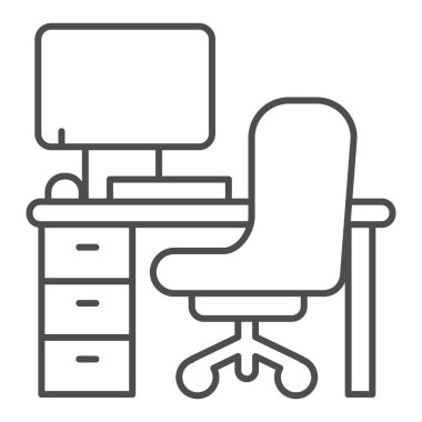 Ofis sandalyesi ve masa arasında ince bilgisayar çizgisi ikonu, iç tasarım konsepti, masa, sandalye ve bilgisayar tabelası beyaz arka planda, ofis mobilyası ikonu ana hatlı. Vektör grafikleri.