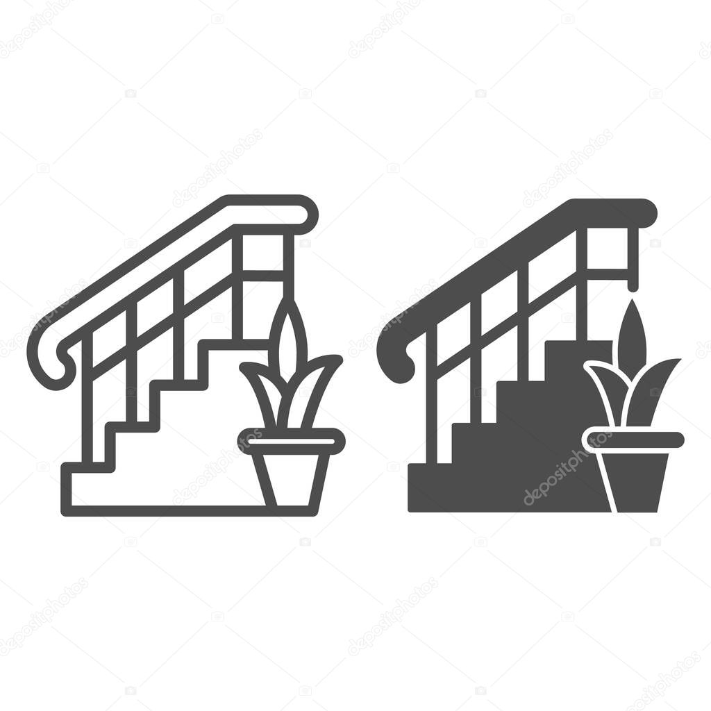 Ladder with railings and plant line and solid icon, interior design concept, stair and flower sign on white background, staircase icon in outline style for mobile concept. Vector graphics