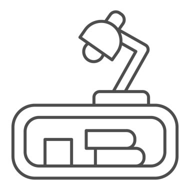 Kitaplı dolap ve masa lambası ince çizgi ikonu, iç tasarım konsepti, beyaz arka planda mobilya tabelası, kitap ve lamba ikonu olan komodini. Vektör grafikleri.