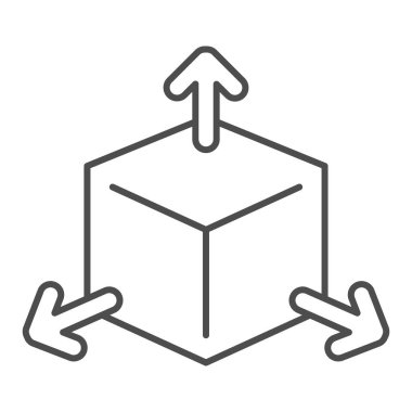 Okları ince çizgi simgesi olan küp, yön seçimi veya matematiksel konsept, beyaz arkaplanda küp işaretinin üç yüzü, dış hatlarda ok simgesi olan hacimli kare. Vektör grafikleri.