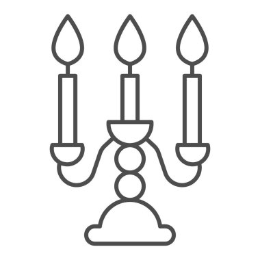 Yanan mumlarla antik şamdan, ince çizgi ikonu, oda dekoru konsepti, beyaz arka planda şamdan işareti, seyyar konsept için taslak biçimli nadir şamdan ikonu. Vektör grafikleri.