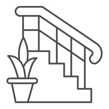 Korkuluklu merdiven ve bitki ince çizgi ikonu, iç tasarım konsepti, beyaz arka planda merdiven ve çiçek tabelası, mobil konsept için ana hatlı merdiven ikonu. Vektör grafikleri.