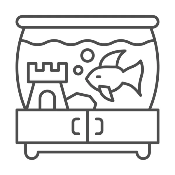Аквариум с рыбой и замком на иконе тонкой линии пьедестала, концепция домашних животных, аквариум с рыбным знаком на белом фоне, аквариум с иконой воды в очертании стиля. Векторная графика. — стоковый вектор