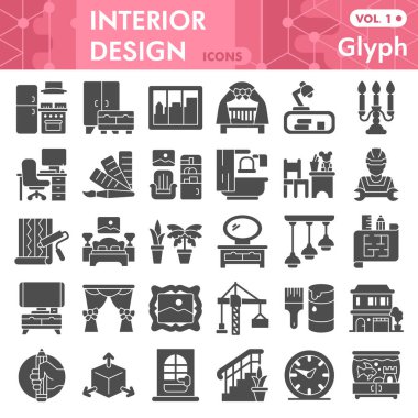 Interior design solid icon set, room decor symbols collection or sketches. Repair glyph style signs for web and app. Vector graphics isolated on white background. clipart