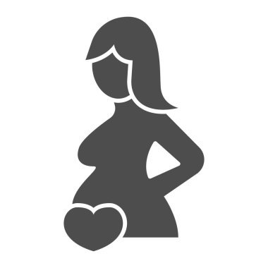 Hamile kadın ve kalp katı ikonu, tıbbi konsept, beyaz arka planda hamilelik işareti, mobil konsept ve web tasarımı için sembol şeklinde hamile kadın silueti simgesi. Vektör grafikleri.