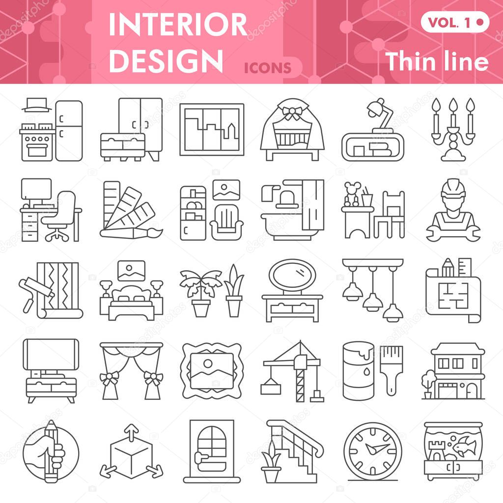 Interior design thin line icon set, room decor symbols collection or sketches. Repair thin linear style signs for web and app. Vector graphics isolated on white background