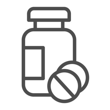 İlaç kavanozu ve tablet çizgisi ikonu, medikal konsept, beyaz arka planda ilaç işareti, ilaç şişesi ve mobil konsept ve web tasarımı için ana hatlı hap ikonu. Vektör grafikleri.