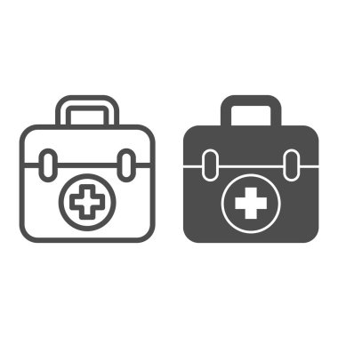 İlk yardım çantası hattı, sağlam bir ikon, tıbbi konsept, beyaz arka planda Medikal Kit imzası, mobil konsept ve web tasarımı için ana hatlarıyla ilk yardım kutusu. Vektör grafikleri.