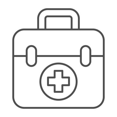 İlk yardım çantası, ince çizgi ikonu, medikal konsept, beyaz arka planda Medikal Kit imzası, mobil konsept ve web tasarımı için ana hatlar şeklinde çapraz simge içeren ilk yardım kutusu. Vektör grafikleri.