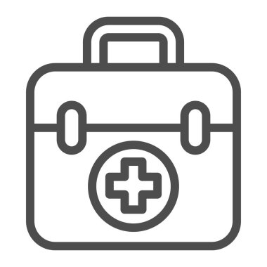 İlk yardım çantası ikonu, medikal konsept, medikal setin beyaz arka planda imzası, mobil konsept ve web tasarımı için ana hatları çizgili ilk yardım kutusu. Vektör grafikleri.