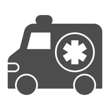 Ambulans arabası simgesi, tıbbi konsept, beyaz arka planda acil durum taşıma tabelası, mobil konsept ve web tasarımı için sembol biçiminde acil ambulans simgesi. Vektör grafikleri.