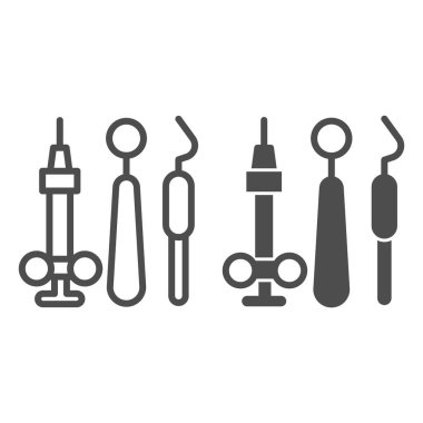 Diş aletleri hattı ve katı ikon, tıbbi konsept, dişçi aynası, beyaz arka planda sonda ve kanca işareti, mobil konsept ve web tasarımı için ana hatlı diş aletleri simgesi. Vektör grafikleri.