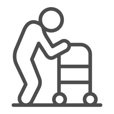 Kürek çekme çizgisi simgesi olan yaşlı bir adam, tıbbi konsept, beyaz arka planda yürüteç işareti olan engelli kişi, mobil ve web için ana hatlı Yaşlı Engelli Adam simgesi. Vektör grafikleri.