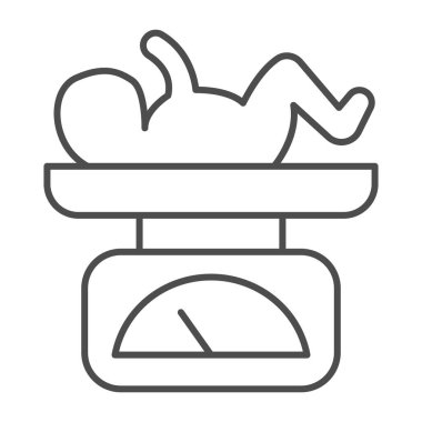 Yeni doğan çocuk ince çizgi simgesi, tıbbi konsept, beyaz arkaplandaki çocuk işaretiyle denge, mobil konsept ve web tasarımı için tasarım tarzında ölçeklendirilmiş bebek. Vektör grafikleri.