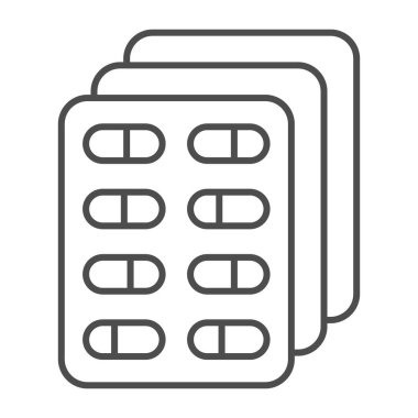 Haplar, ince çizgi ikonu, medikal konsept, kapsüllerdeki ilaçlar beyaz arka planda, tıbbi ilaç paketi ikonu mobil ve web tasarımı için ana hatlı. Vektör grafikleri.