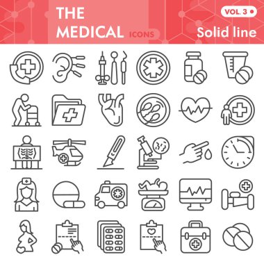 Tıbbi çizgi ikonu seti, Sağlık ve Sağlık Sembolleri koleksiyonu veya çizimleri. Web ve uygulama için tıbbın doğrusal tabelaları. Beyaz arkaplanda izole edilmiş vektör grafikleri.