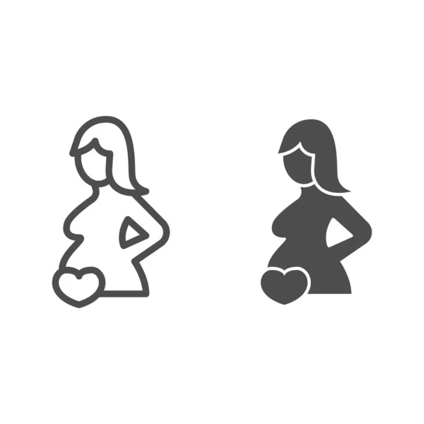 Беременная женщина и сердце линии и твердый значок, медицинская концепция, беременность знак на белом фоне, беременная женщина силуэт иконка в набросок стиль для мобильного концепта и веб-дизайна. Векторная графика. — стоковый вектор