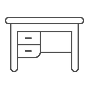 Masa başı ince çizgi simgesi, mobilya konsepti, ofis mobilyası tabelası beyaz arka plan, mobil konsept ve web tasarımı için ana hatlı ofis tablosu simgesi. Vektör grafikleri.