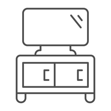 Televizyon ince çizgi ikonu, mobilya konsepti, beyaz arka planda plazma işareti olan ev dekorasyonu, mobil konsept ve web tasarımı için ana hatlı televizyon standı ikonu. Vektör grafikleri.