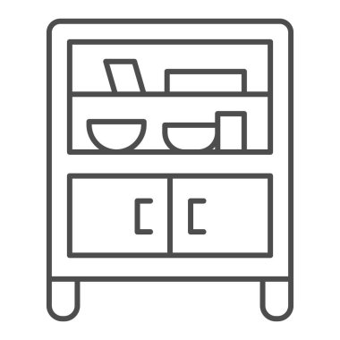 Cam ve raflı kabine ince çizgi ikonu, mobilya konsepti, beyaz arka planda açık büfe tabelası, mobil ve web tasarımı için taslak biçimli mutfak eşyaları ikonu olan dolap. Vektör grafikleri.