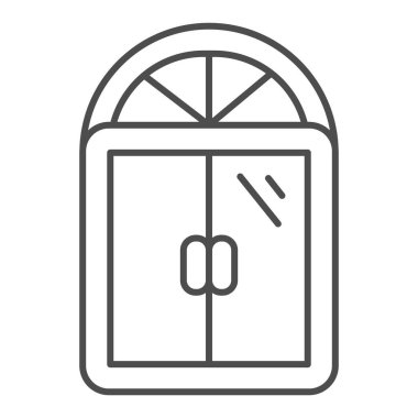 Pencere ince çizgi simgesi, Mobilya konsepti, beyaz arkaplanda pencere çerçevesi işareti, mobil konsept ve web tasarımı için yarı dairesel antika pencere simgesi. Vektör grafikleri.