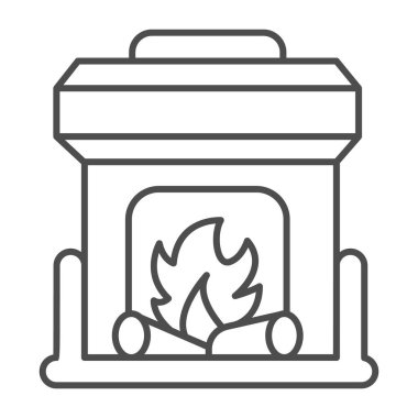 Şenlik ateşi, ince çizgi ikonu, mobilya konsepti, beyaz arka planda kış şenlik ateşi tabelası, mobil konsept ve web tasarımı için ana hatlı şömine ikonu. Vektör grafikleri.