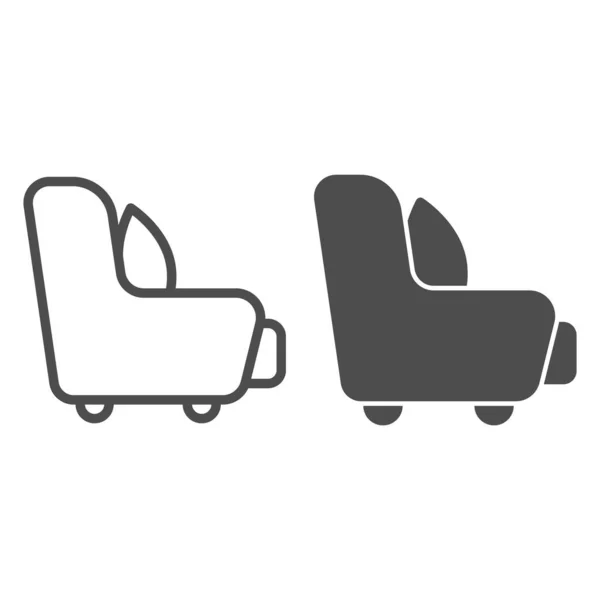 Fåtölj med kuddlinje och fast ikon, Möbelkoncept, möbelskylt på vit bakgrund, kudde på fåtöljikon i konturstil för mobilt koncept och webbdesign. Vektorgrafik. — Stock vektor