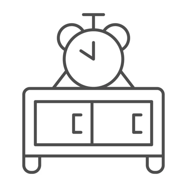 Pecho de cajones y reloj icono de línea delgada, concepto de mobiliario, Reloj en la mesa de madera signo sobre fondo blanco, mesita de noche con icono de reloj en estilo de esquema para móviles y web. Gráficos vectoriales. — Vector de stock