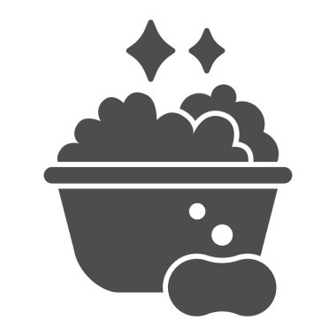 Köpük ve sabun katıksız ikonu olan su havzası, temizlik hizmeti konsepti, beyaz arka planda çamaşır tabelası, mobil ağ için sabun köpüklü plastik leğen. Vektör grafikleri.