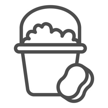 Sabunlu su ve sünger hattı ikonu olan kova, temizlik hizmeti konsepti, beyaz arka planda ev temizlik araçları tabelası, su kovası ve ana hatlı sünger ikonu. Vektör grafikleri.