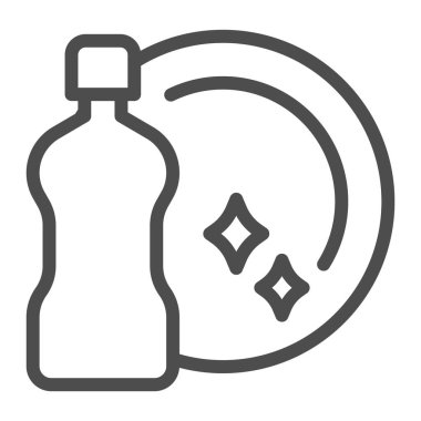 Deterjan şişesi ve temiz tabak çizgisi ikonu, temizlik hizmeti konsepti, beyaz arka planda bulaşık deterjanı ve tabela, deterjan ikonu tarzında hijyenik tabak. Vektör grafikleri.