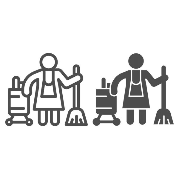 Hotel meid lijn en solide pictogram, Schoonmaakservice concept, Schoonmaakster teken op witte achtergrond, Housemaid in uniform met apparatuur pictogram in omtrek stijl voor mobiele en web design. vectorgrafieken. — Stockvector