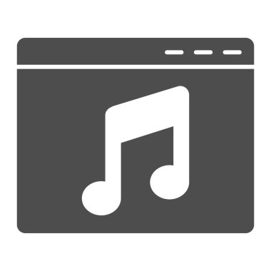 Müzikal nota simgesi, ses tasarımı konsepti, beyaz arkaplanda müzikal web sitesi tabelası, mobil, web için glyph tarzı müzik nota simgesi içeren tarayıcı penceresi olan web sayfası. Vektör grafikleri.