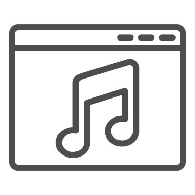 Müzik nota satırı simgesi, ses tasarımı konsepti, beyaz arkaplanda müzikal web sitesi tabelası, mobil, web için ana hatlı nota simgesi olan tarayıcı penceresi olan web sayfası. Vektör grafikleri.