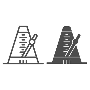 Metronom çizgisi ve katı ikon, ses tasarımı konsepti, müzik ve beyaz zemin üzerinde ritim mekanizması işareti, mobil ve web için taslak biçimli sarkacın simgesi olan klasik Metronom. Vektör grafikleri.