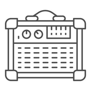 Gitar karışık amplifikatör ince çizgi simgesi, ses tasarımı konsepti, beyaz zemin üzerinde Elektro Gitar Sözcüleri işareti, mobil ve web için taslak biçimli gitar yükseltici simgesi. Vektör grafikleri.