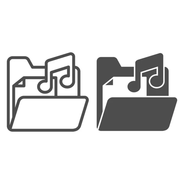 オーディオファイルラインとソリッドアイコン、サウンドデザインコンセプト、白の背景に音楽フォルダ記号を持つフォルダ、モバイルコンセプトとWebデザインのアウトラインスタイルで音楽ノートアイコンを持つファイル。ベクトルグラフィックス. — ストックベクタ