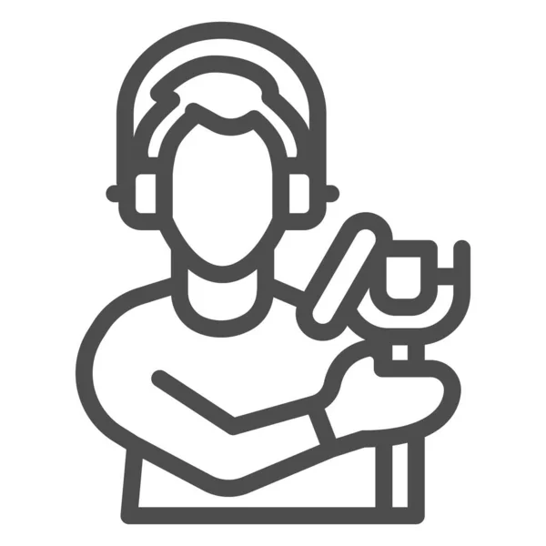 Chanteur avec icône de ligne de microphone studio, Concept de conception sonore, Homme avec panneau de silhouette de microphone sur fond blanc, icône d'enregistrement sonore dans le style de contour pour mobile. Graphiques vectoriels. — Image vectorielle