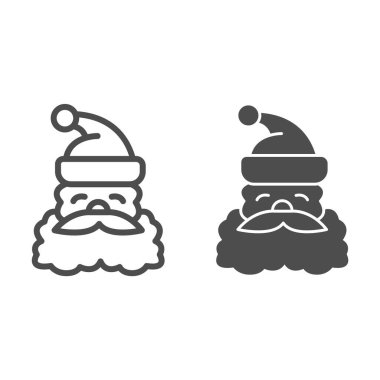 Noel Baba yüz hatları ve sağlam ikon, Noel konsepti, beyaz arka planda Noel ve yeni yıl sembolü, sakallı ve bıyıklı Noel Baba ve şapka ikonu. Vektör grafikleri.