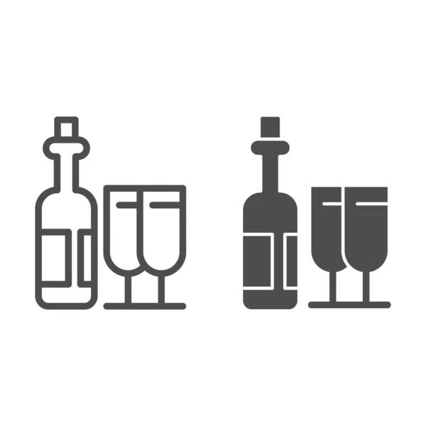Bouteille de vin et verres ligne et icône solide, concept de Noël, vin avec panneau de verre à vin sur fond blanc, bouteille de champagne et deux verres icône dans le style contour pour mobile, web. Graphiques vectoriels. — Image vectorielle